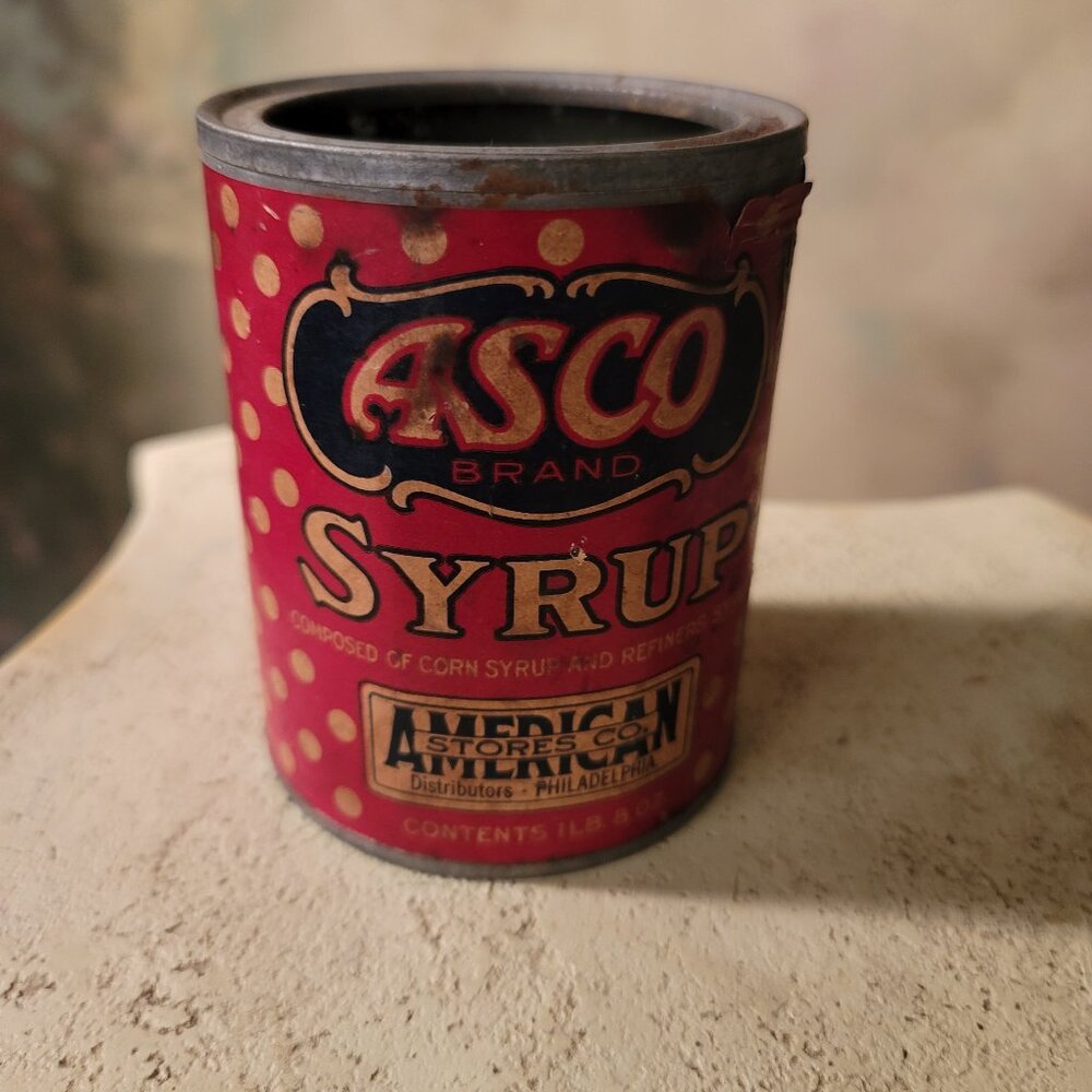 Asco Brand Syrup Advertising Tin Empty Paper Label Metal Can Vintage Polkadot